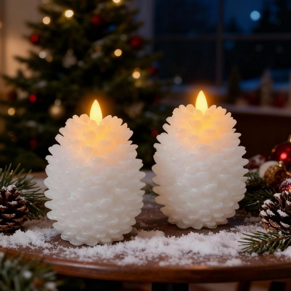 Gorgeous Pinecone Candles Christmas Holiday Winter White with Sparkles on Tips